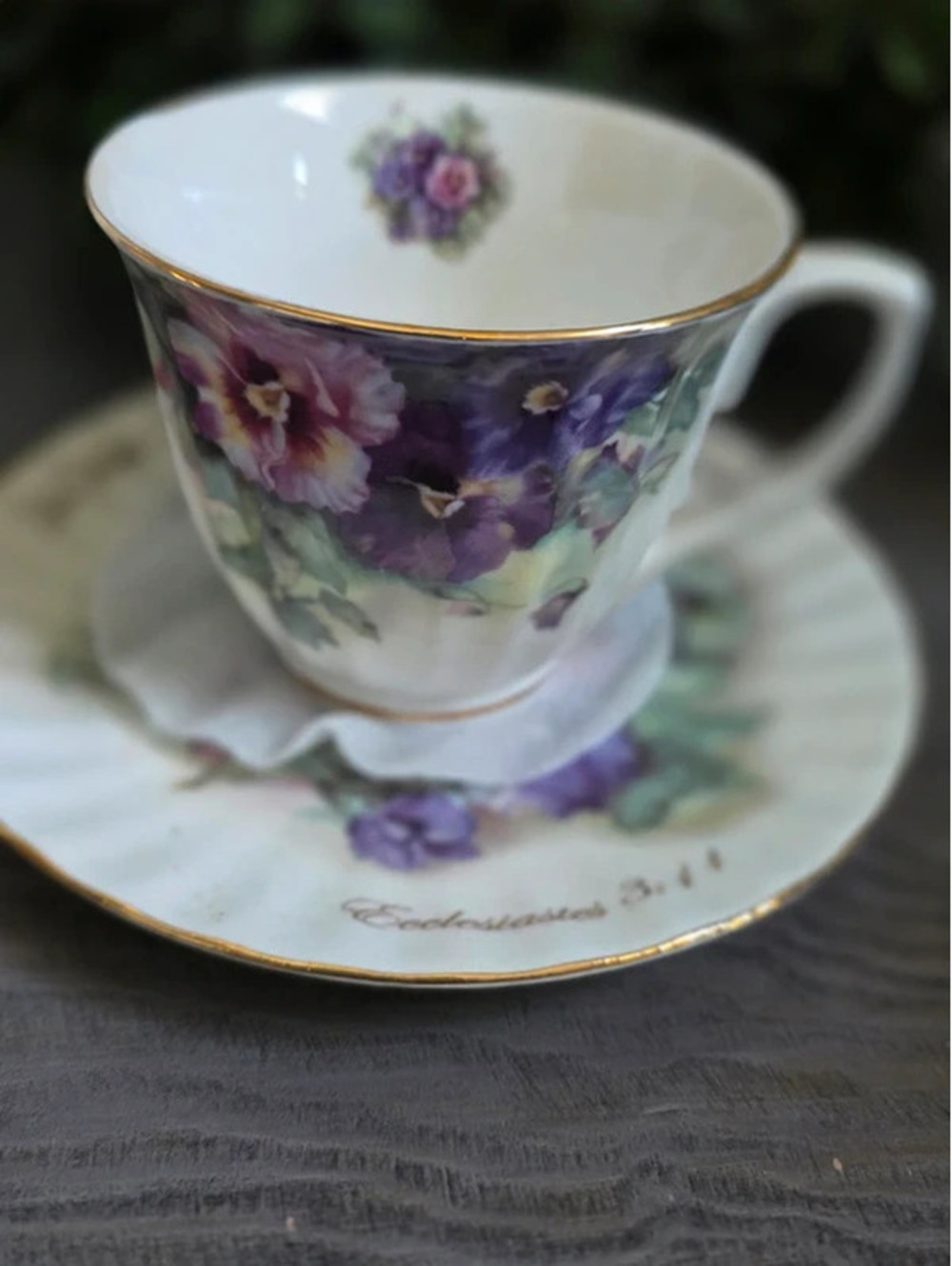 Christian gifts cup n saucer set purple